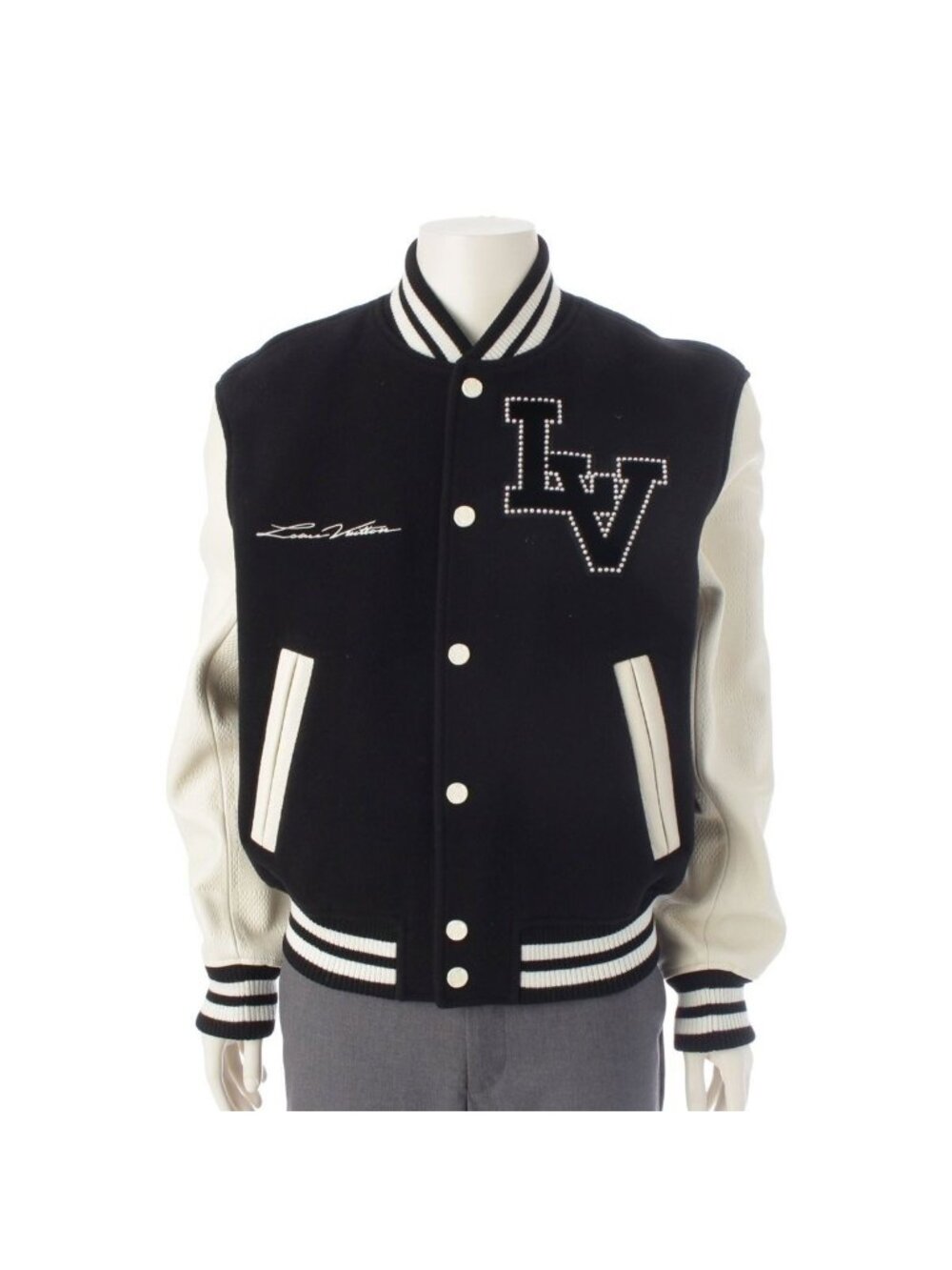Louis Vuitton Wool Arm Leather Logo Patch Stadium Jean Jacket Bqv Black White 52